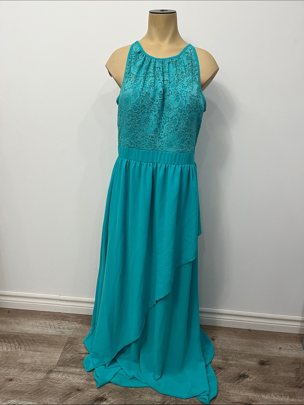 Halter Lace Bodice Teal Maxi Dress - Large
